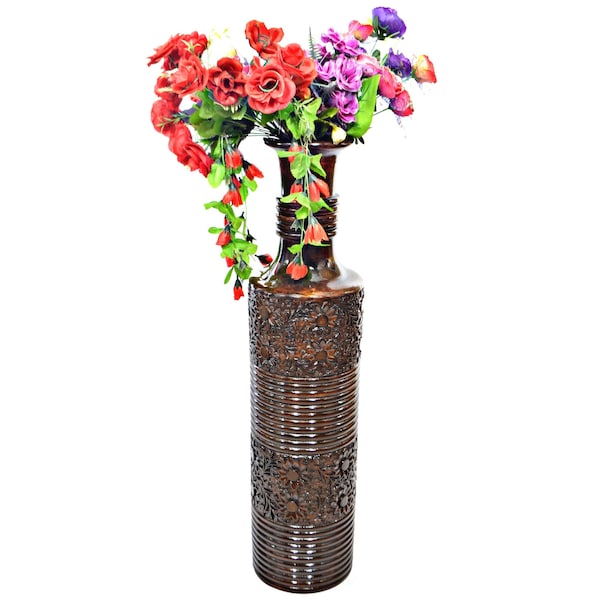 Uniquewise Antique Decorative Brown Hand Curved Mango Wood Floor Flower Vase with Unique Textured Pattern, 36" QI004009 - main